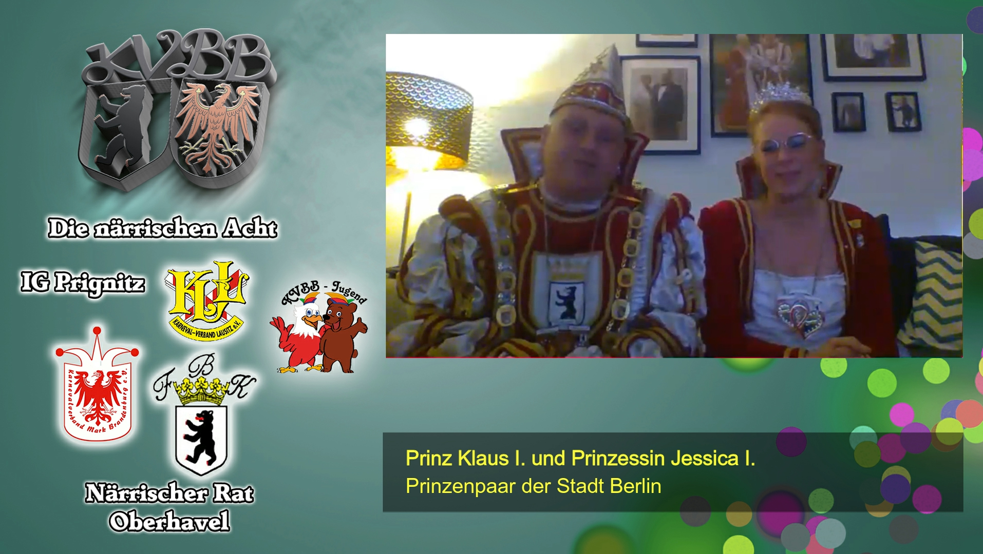 Der Präsident des Karnevalverbandes Berlin-Brandenburg e.V. Fred Witschel im Gespräch mit dem Prinzenpaar der Stadt Berlin Klaus I. und Jessica I.